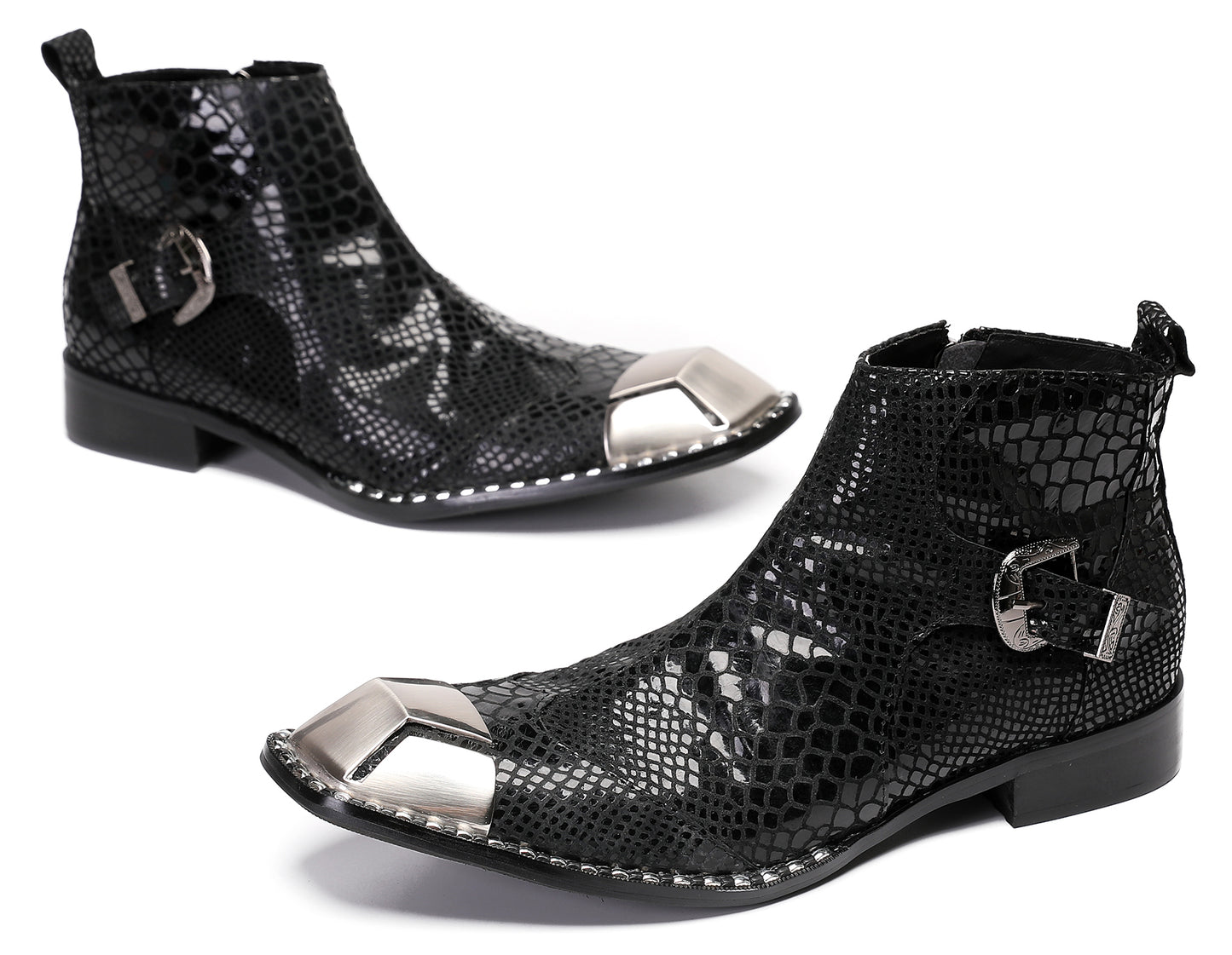 Mens Metal Square Toe Zipper Buckle Dress Ankle Western Boots