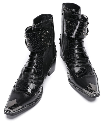 Mens Genuine Leather Metal Pointed Toe Belt Buckles Cowboy Western Boots