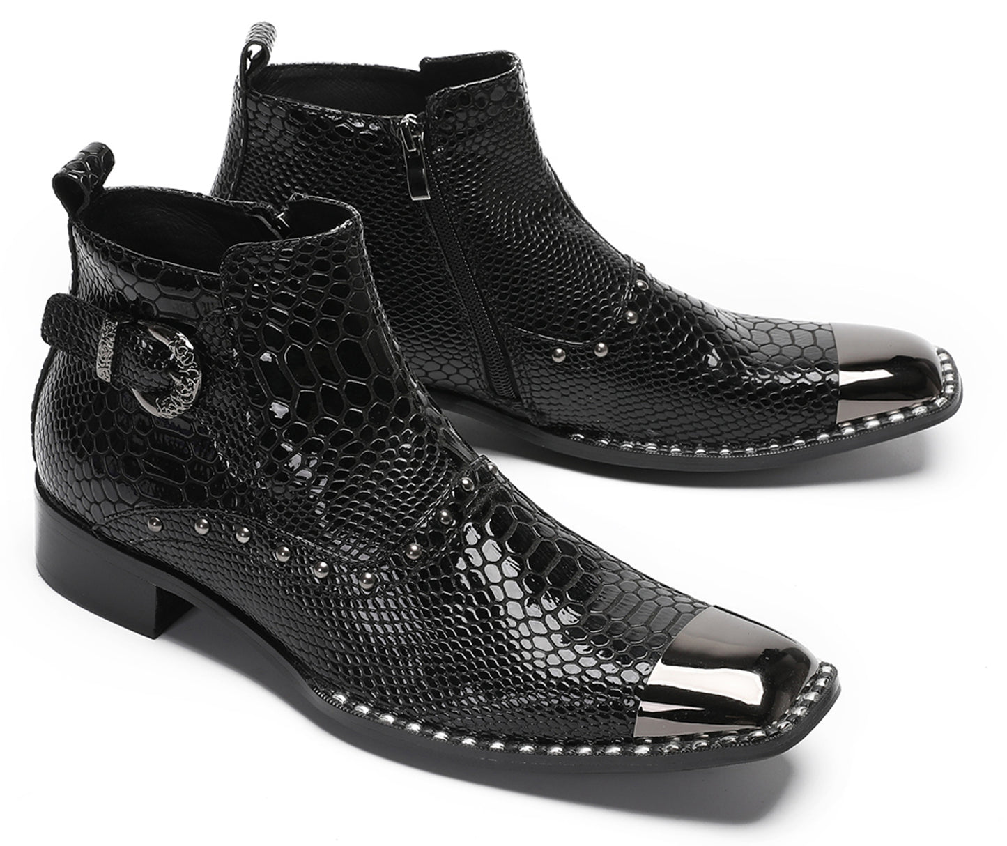 Mens Genuine Leather Snakeskin Texture Metal Square Toe Beads Western Boots
