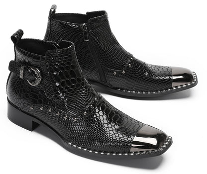 Mens Genuine Leather Snakeskin Texture Metal Square Toe Beads Western Boots