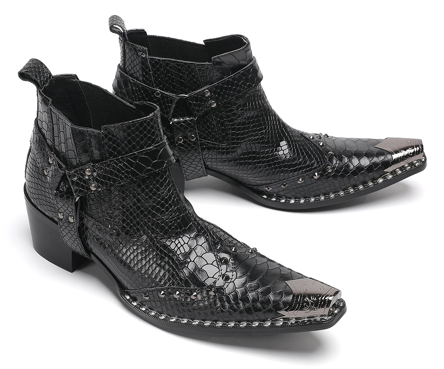 Mens Metallic Detail Snakeskin Abstract Print Ankle Western Boots