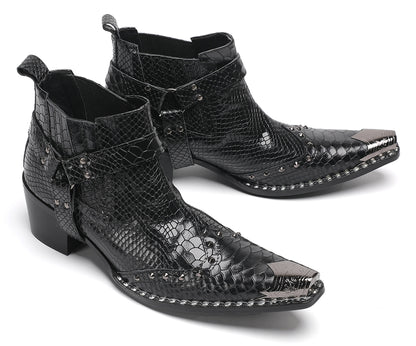 Mens Metallic Detail Snakeskin Abstract Print Ankle Western Boots