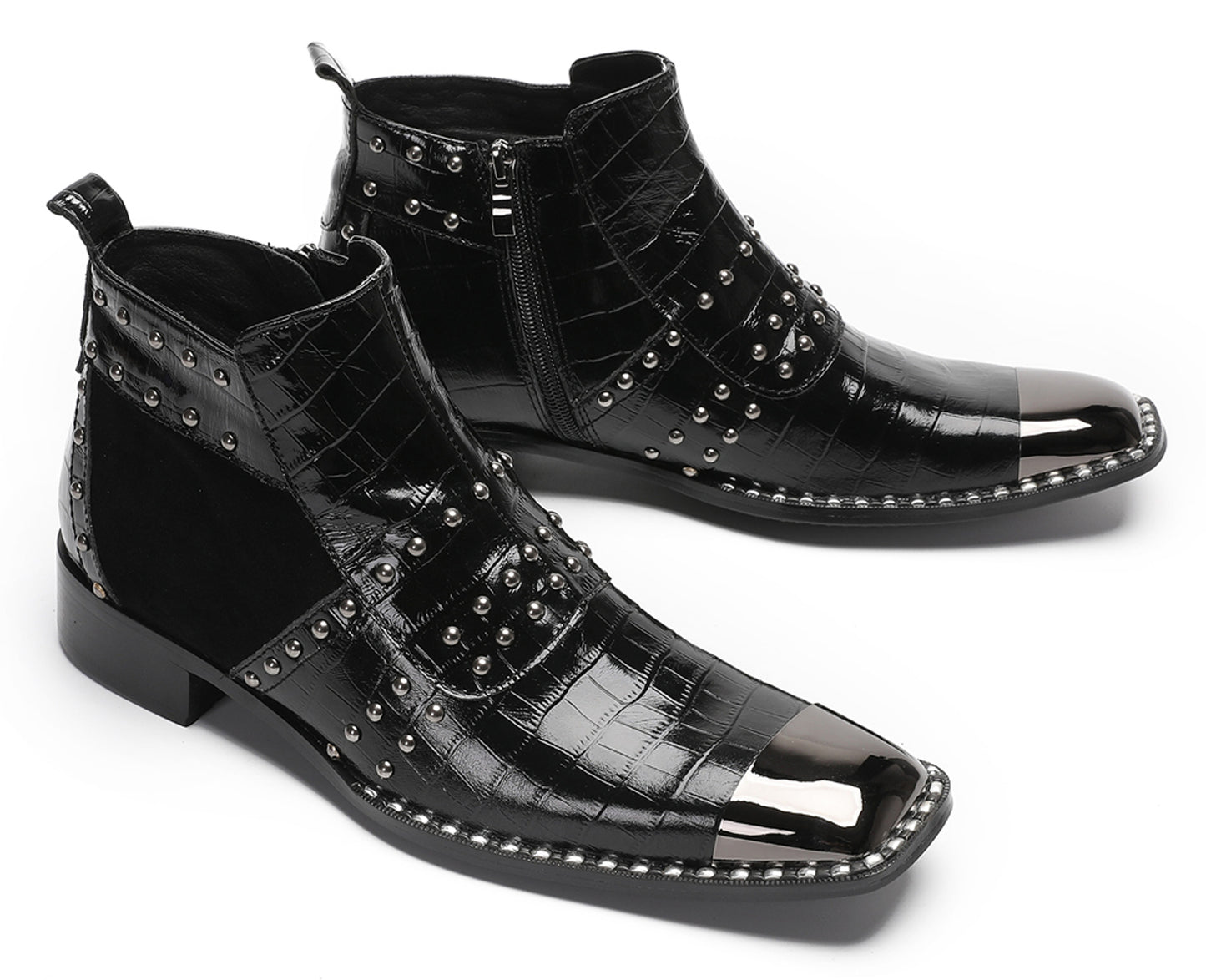 Mens Genuine Leather Metal Square Toe Side Zipper Beads Plaid Ankle Western Boots