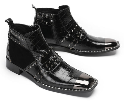 Mens Genuine Leather Metal Square Toe Side Zipper Beads Plaid Ankle Western Boots