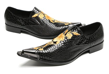 Mens Embroidered Rose Snake Pattern Patent Leather Western Loafers