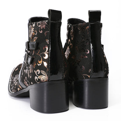 Mens Floral Leather Metal Pointed Toe Buckle Ankle Western Boots
