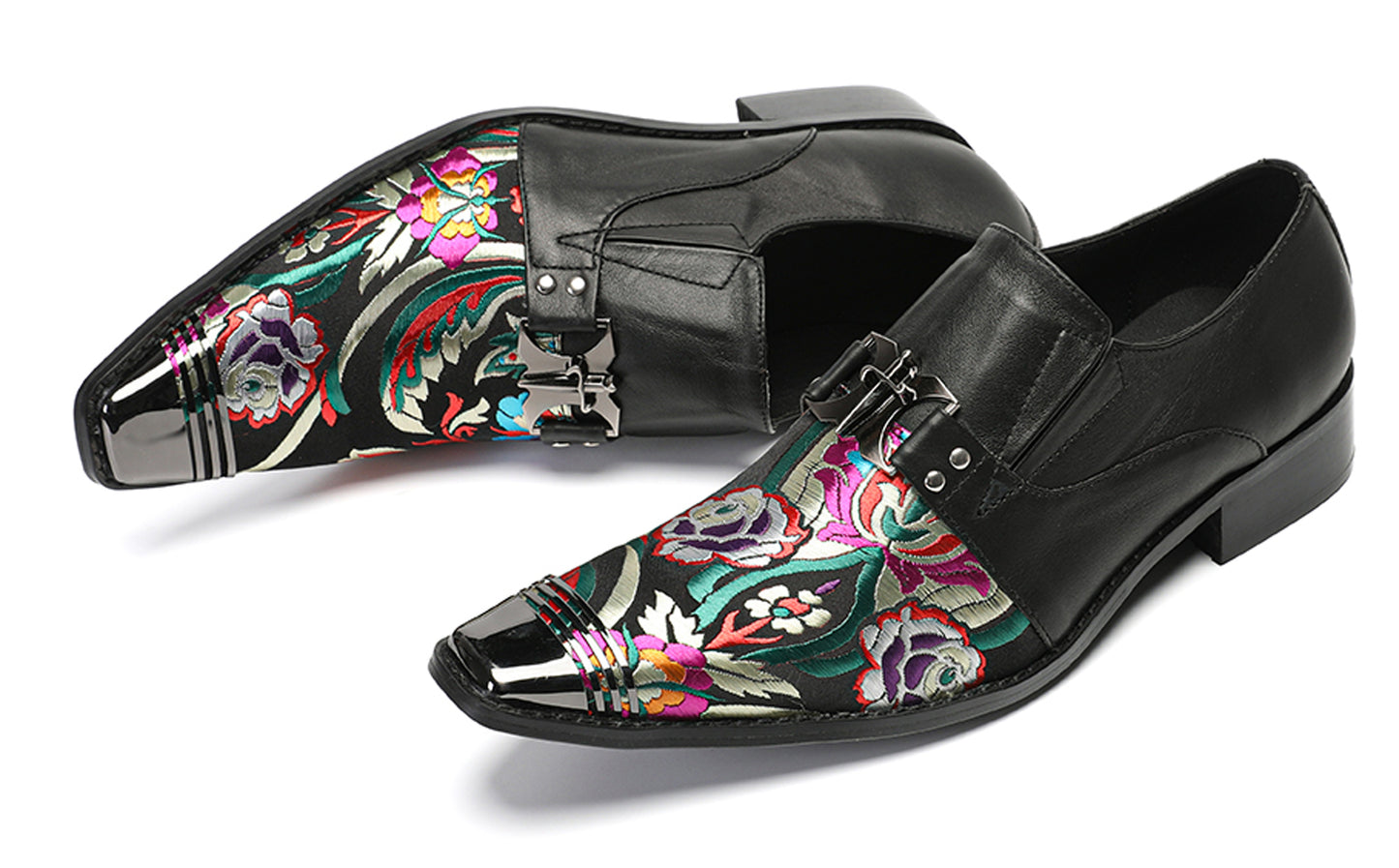 Mens Top-Grain Leather Floral Embroidery Casual Western Loafers