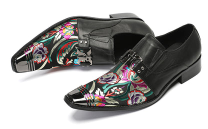 Mens Top-Grain Leather Floral Embroidery Casual Western Loafers