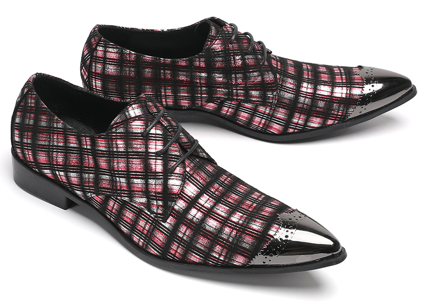 Mens Plaid Patent-Leather Dress Casual Metal Toe Western Oxfords