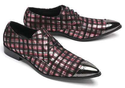 Mens Plaid Patent-Leather Dress Casual Metal Toe Western Oxfords
