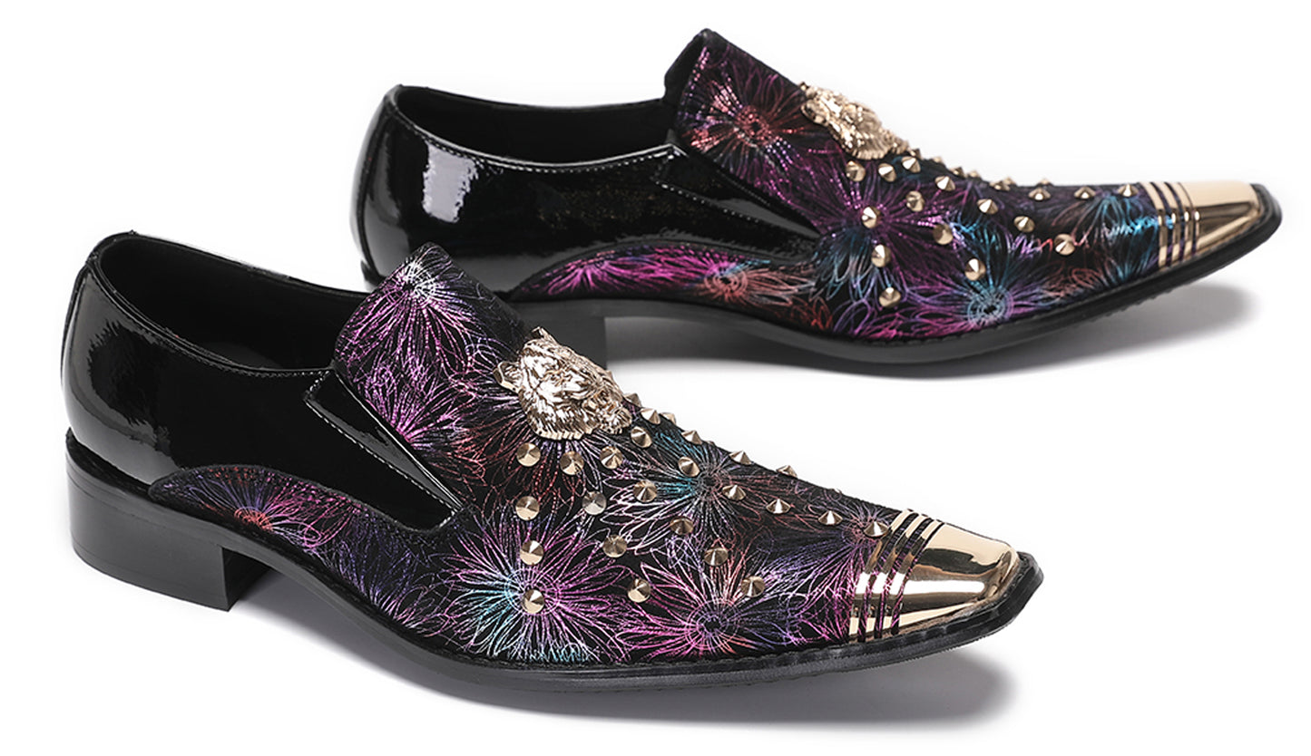 Mens Genuine Leather Slip On Glitter Sequins Western Loafers
