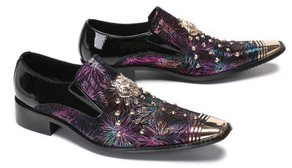 Mens Genuine Leather Slip On Glitter Sequins Western Loafers
