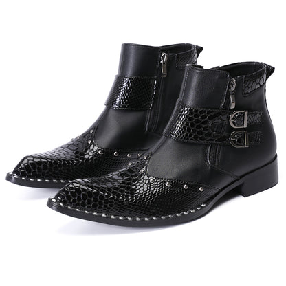 Mens Top-Grain Leather Pointed Toe Buckle Western Cowboy Ankle Boots