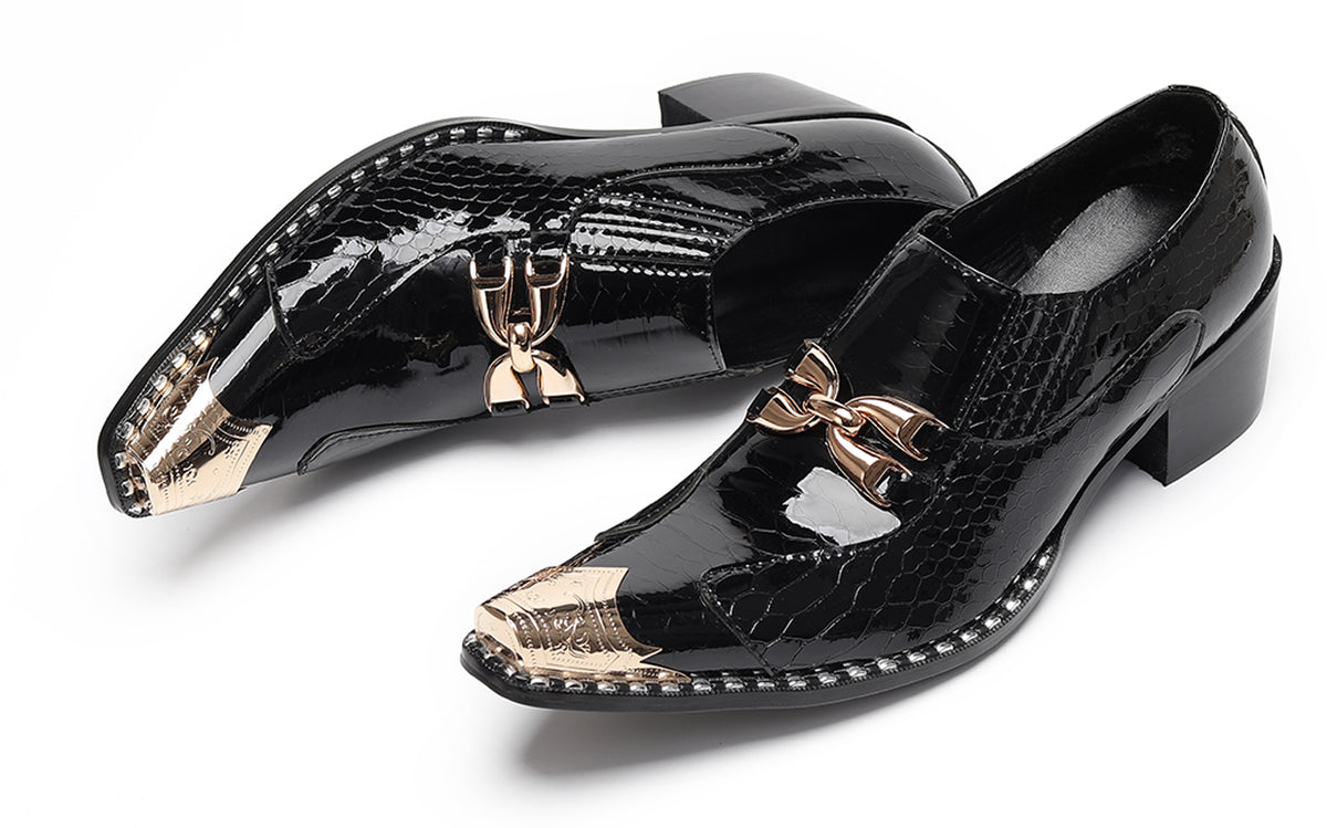 Mens Metal Tip Toe Chain Buckle Exotic Crocodile Pattern Western Loafers