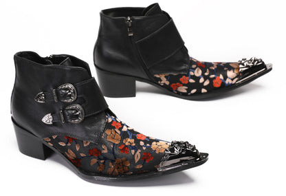 Mens Metal Pointed Toe Leather Fashion Zippe Ankle Western Boots