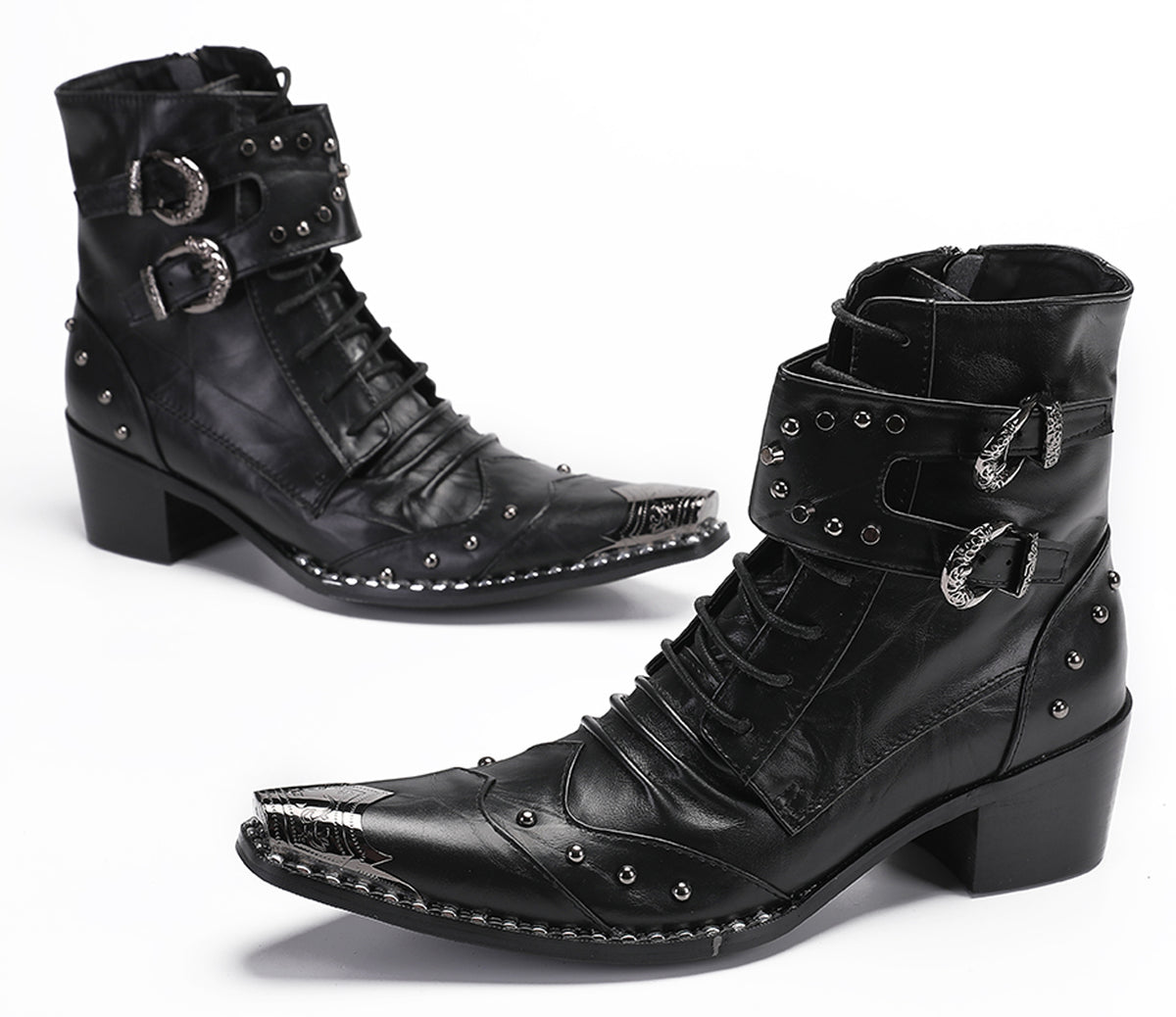 Mens Genuine Leather Metal Toe Buckles Zipper Cowboy Western Boots