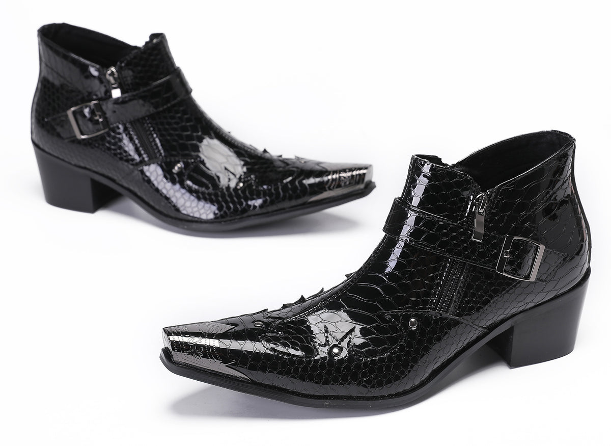 Mens Snakeskin Texture Metal Toe Double Zipper Ankle Western Boots