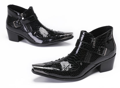 Mens Snakeskin Texture Metal Toe Double Zipper Ankle Western Boots