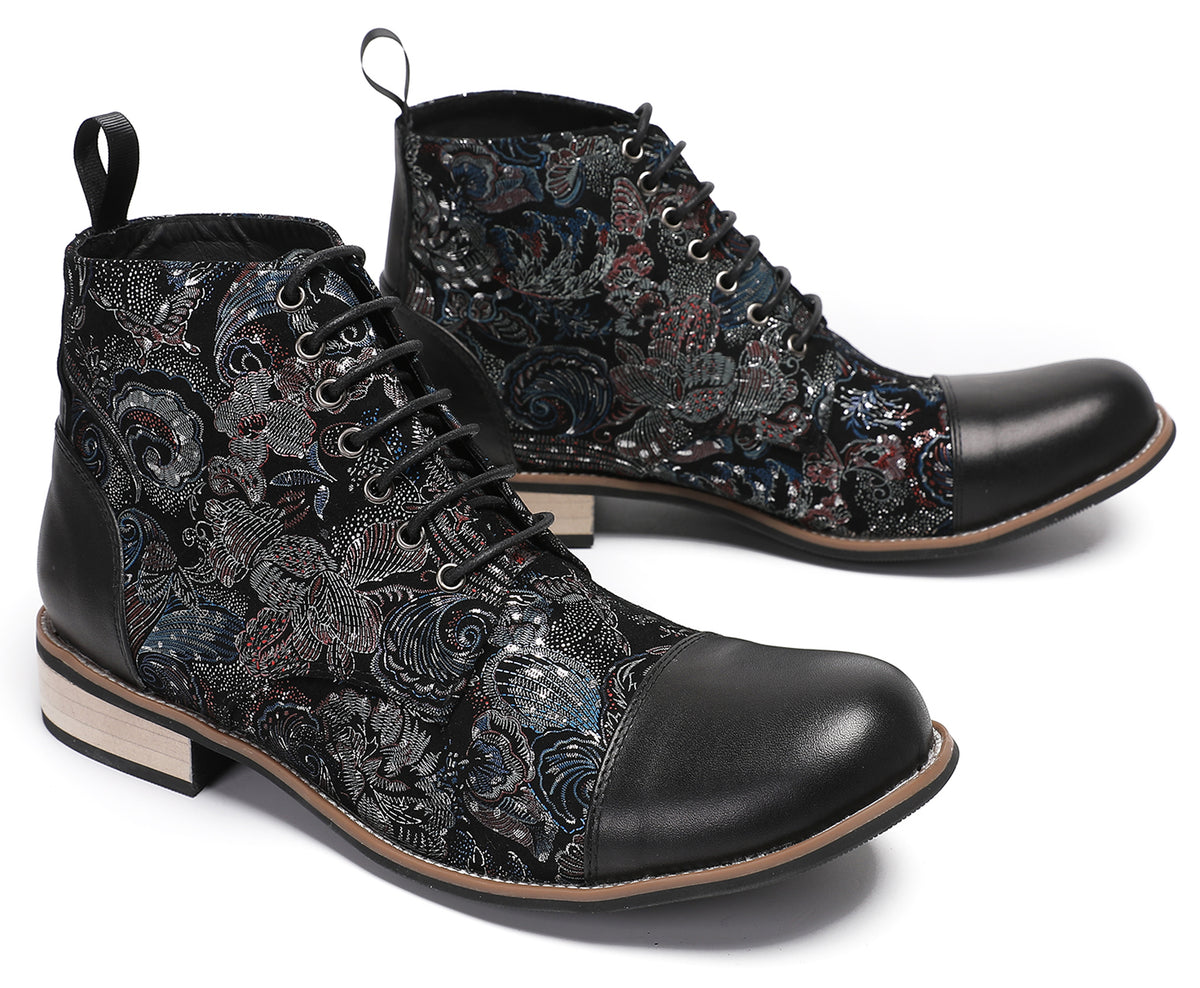 Mens Genuine Leather Embroidery Square Toe Oxfords Boots
