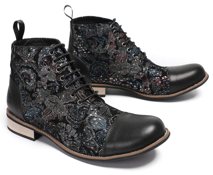 Mens Genuine Leather Embroidery Square Toe Oxfords Boots