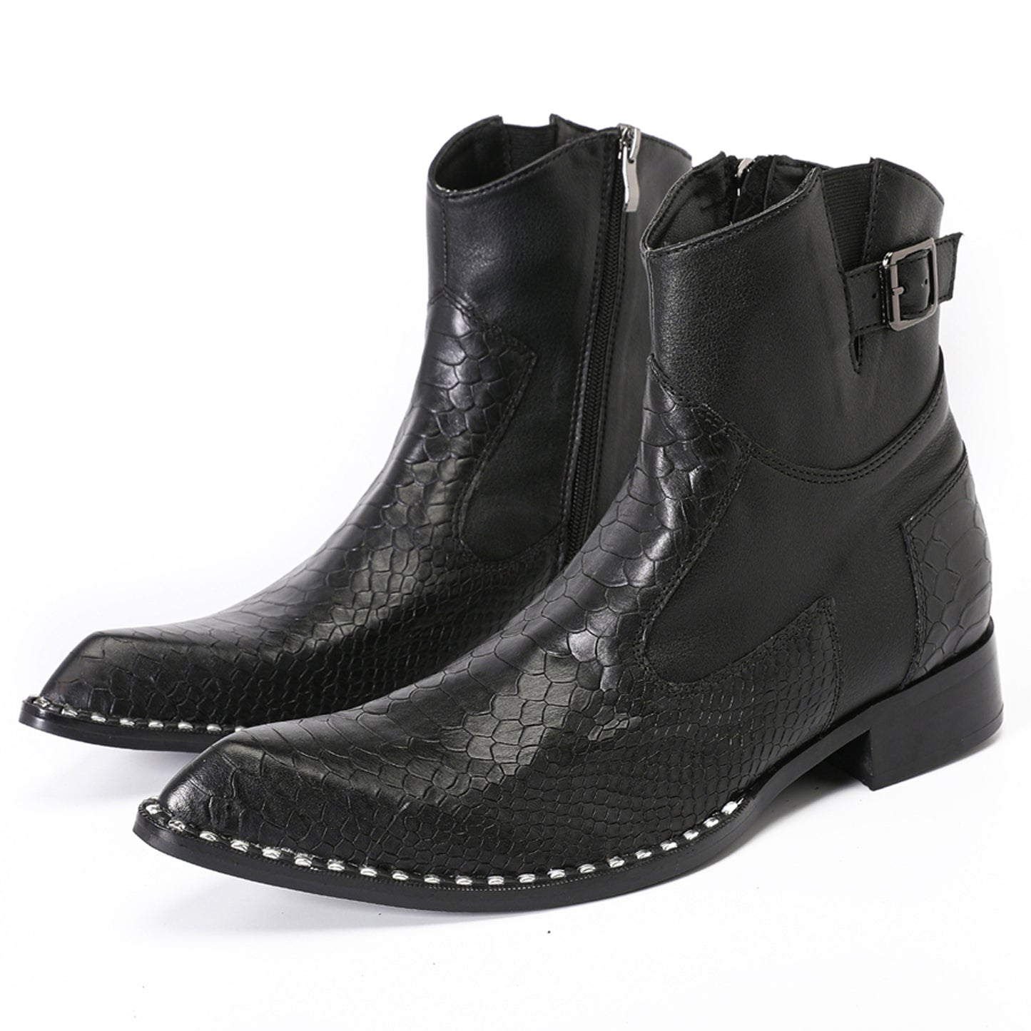 Mens Top-Grain Leather Snake-Embossed Western Ankle Boots