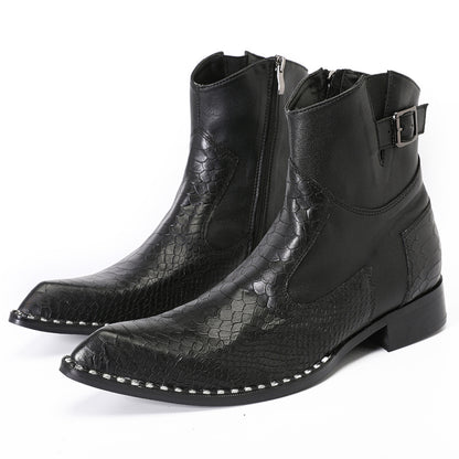 Mens Top-Grain Leather Snake-Embossed Western Ankle Boots