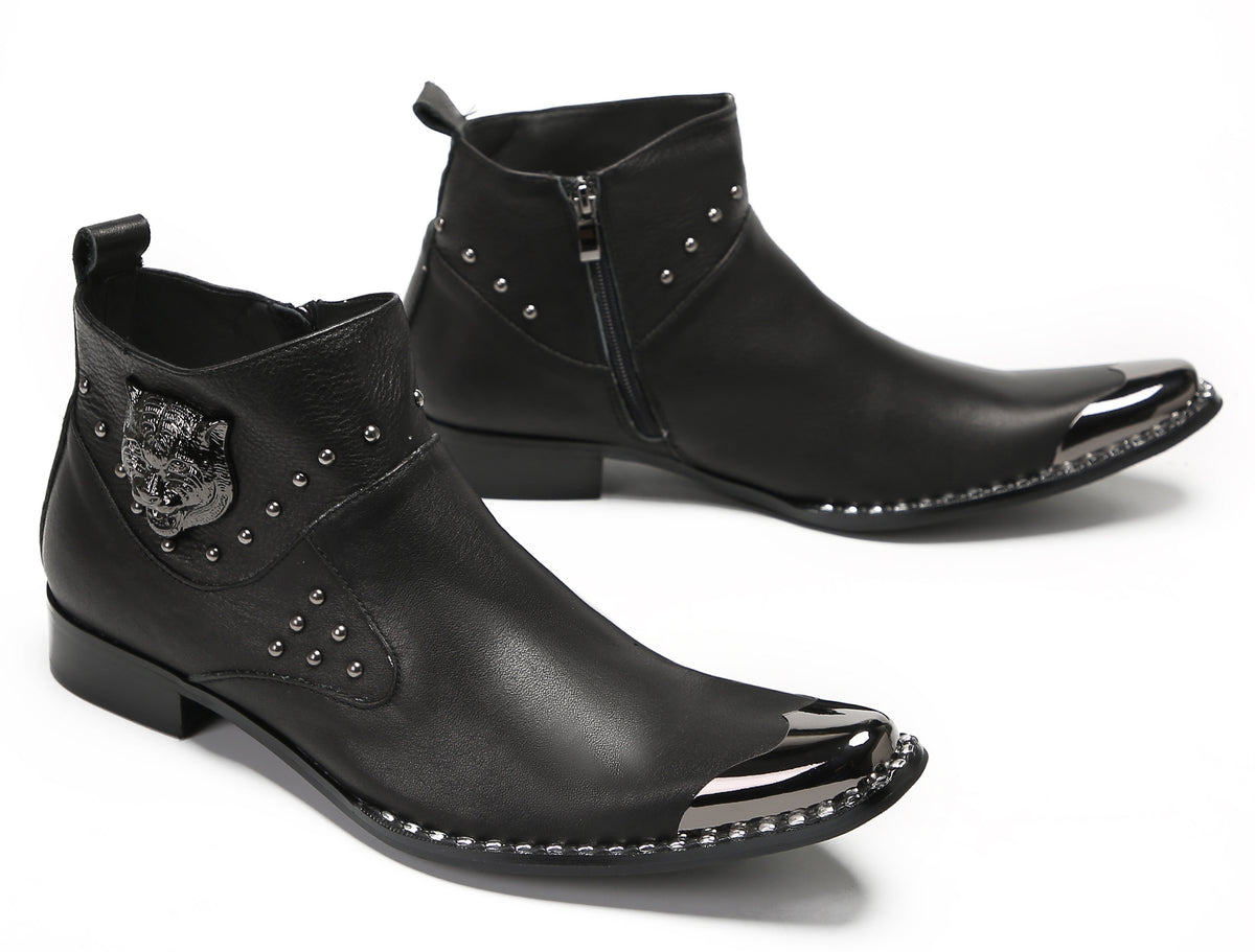 Mens Genuine Leather Matel Sqaure Toe Zipper Beads Ankle Western Boots