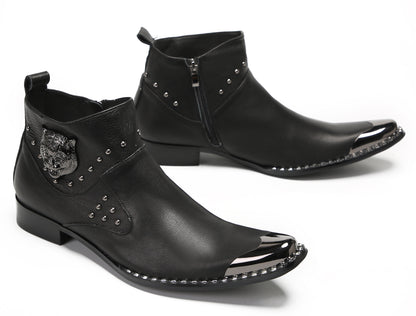 Mens Genuine Leather Matel Sqaure Toe Zipper Beads Ankle Western Boots