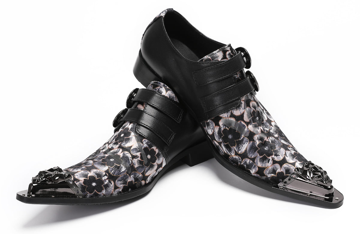 Mens Double Buckle Flower Embroidery Two-Tone Western Loafers