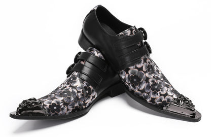 Mens Double Buckle Flower Embroidery Two-Tone Western Loafers