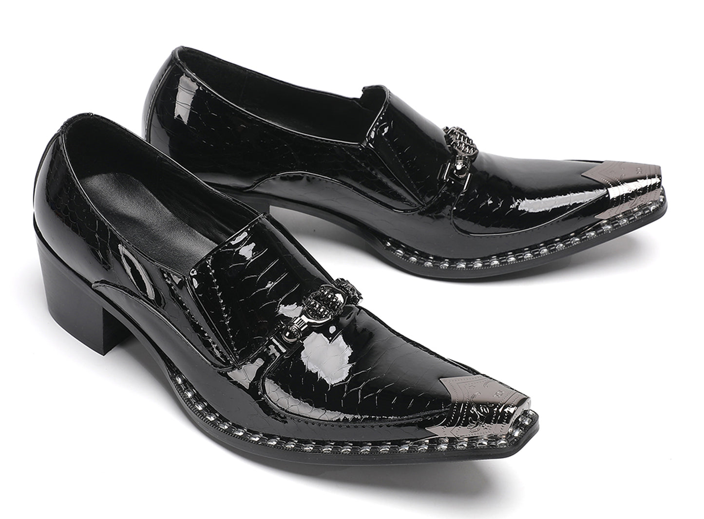 Mens Metal Pointed Toe Block Heel Party Western Loafers