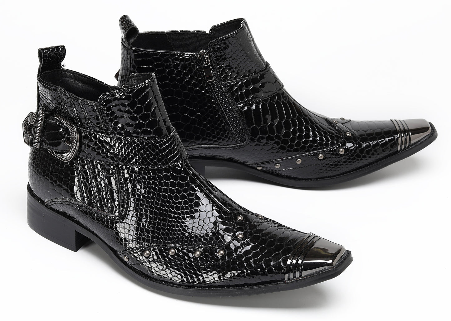 Mens Snakeskin Zipper Side Studded Buckle Western Boots