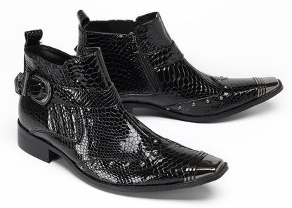 Mens Snakeskin Zipper Side Studded Buckle Western Boots