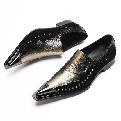 Mens Snake Embossed Leather Metal Toe Studded Loafers