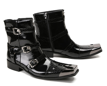 Mens Genuine Leather Dress Casual Metal Square Toe Buckles Cowboy Western Boots