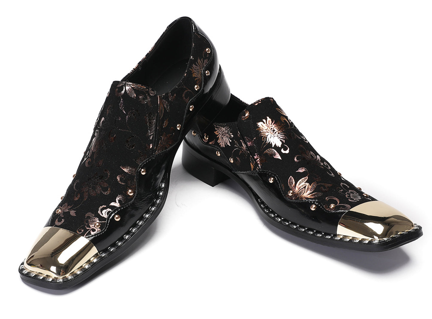 Mens Genuine Leather Gold Beads Metal Square Toe Western Loafers
