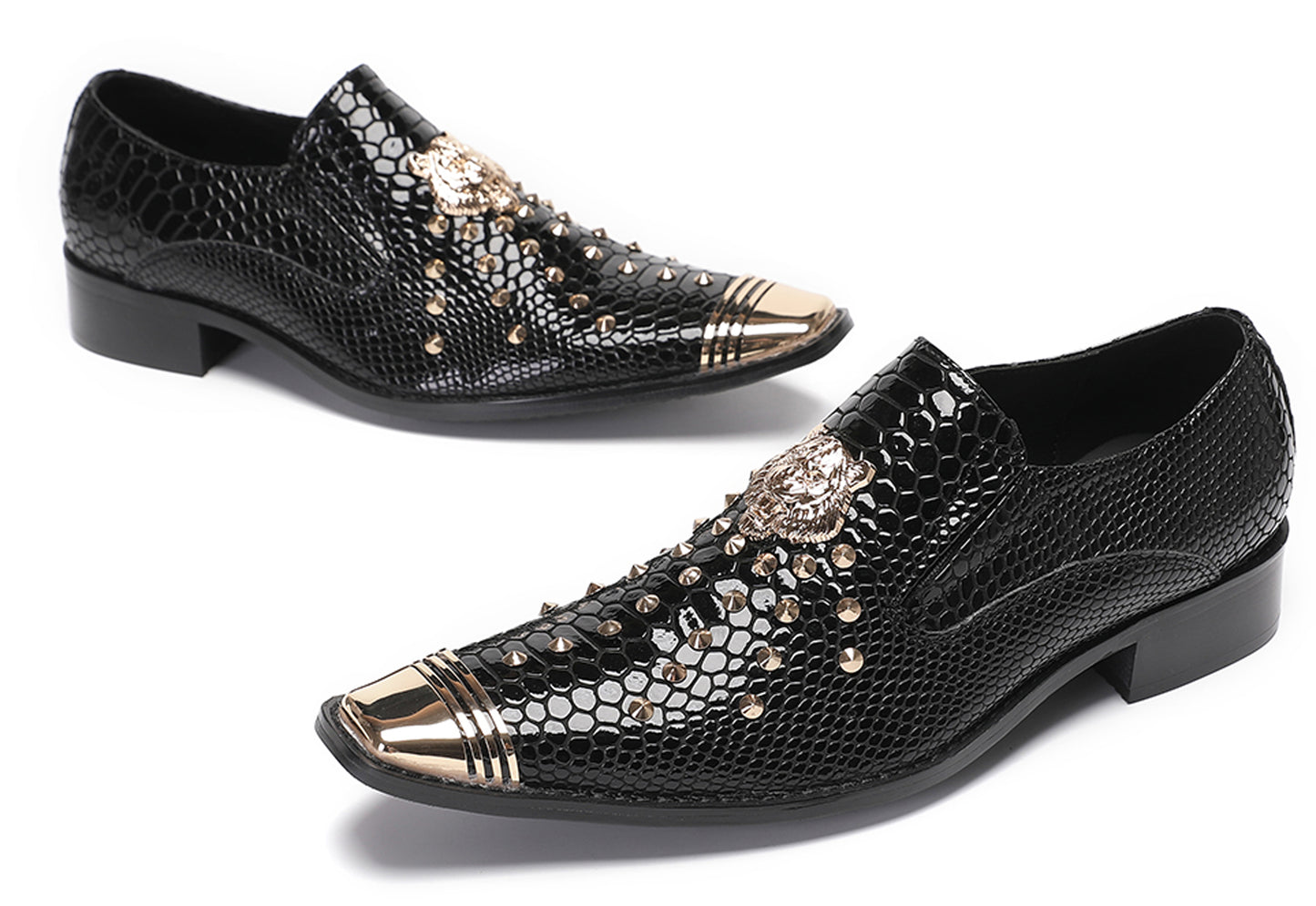 Mens Genuine Leather Snake Skin Texture Gold Glitter Beaded Western Loafers