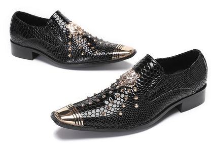Mens Genuine Leather Snake Skin Texture Gold Glitter Beaded Western Loafers