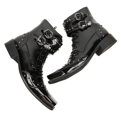 Mens Metal Square Toe Zipper Buckles Cowboy Western Boots