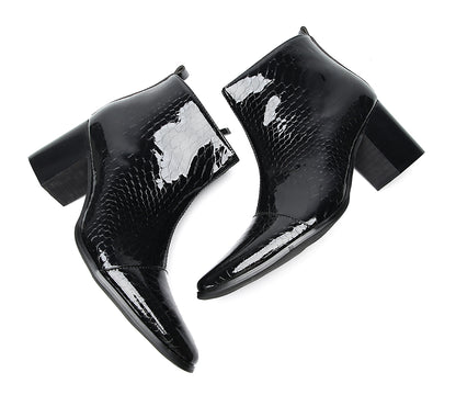 Mens Black Glossy Patent Leather Snake Print Block Heel Ankle Boots