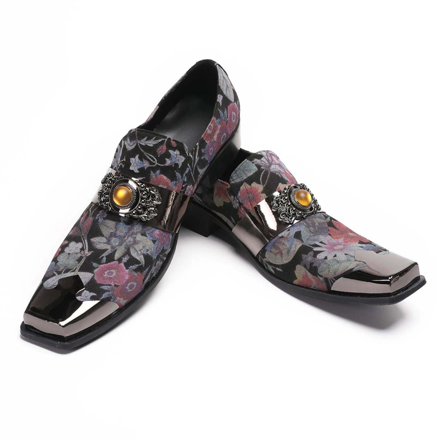 Men¡¯s Handmade Floral Top-Grain Leather Metal Square Toe Loafers