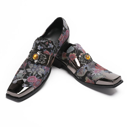 Men¡¯s Handmade Floral Top-Grain Leather Metal Square Toe Loafers