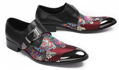 Mens Flower Embroidery Two-Tone Monk Strap Western Loafers