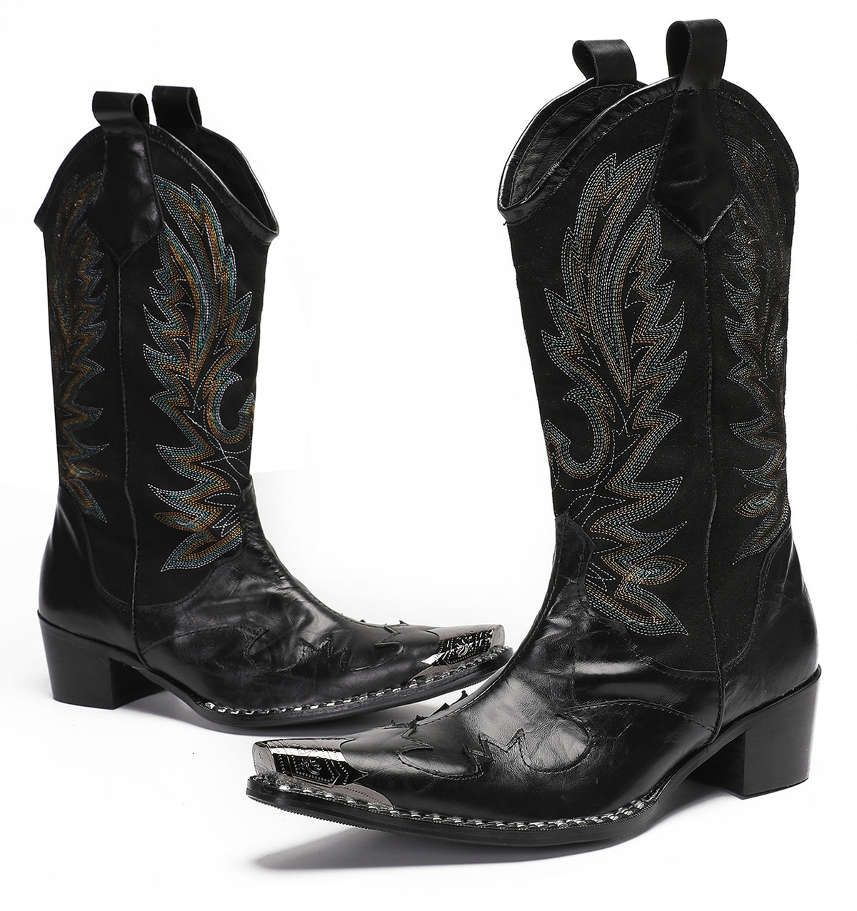 Mens Genuine Leather Metal Wingtip Toe Embroidered Pull On Western Cowboy Boots