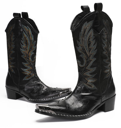 Mens Genuine Leather Metal Wingtip Toe Embroidered Pull On Western Cowboy Boots