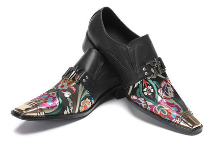 Mens Genuine Leather Slip On Buckle Floral Embroidery Western Loafers