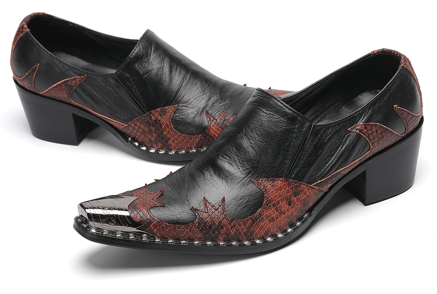 Mens Genuine Leather Metal Pointed Toe Two Tone Western Loafers