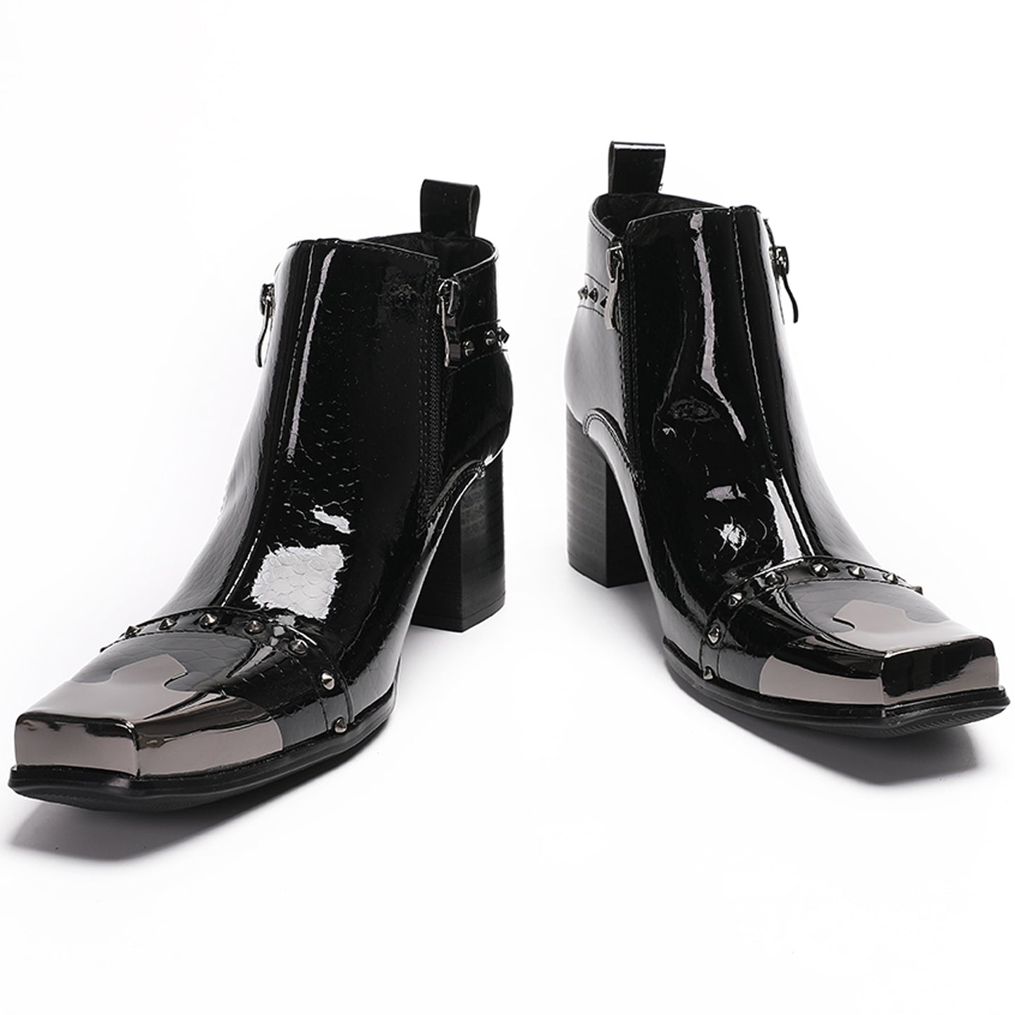 Mens Patent Leather Metal Square Toe Studded Ankle Western Boots