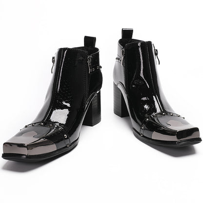 Mens Patent Leather Metal Square Toe Studded Ankle Western Boots