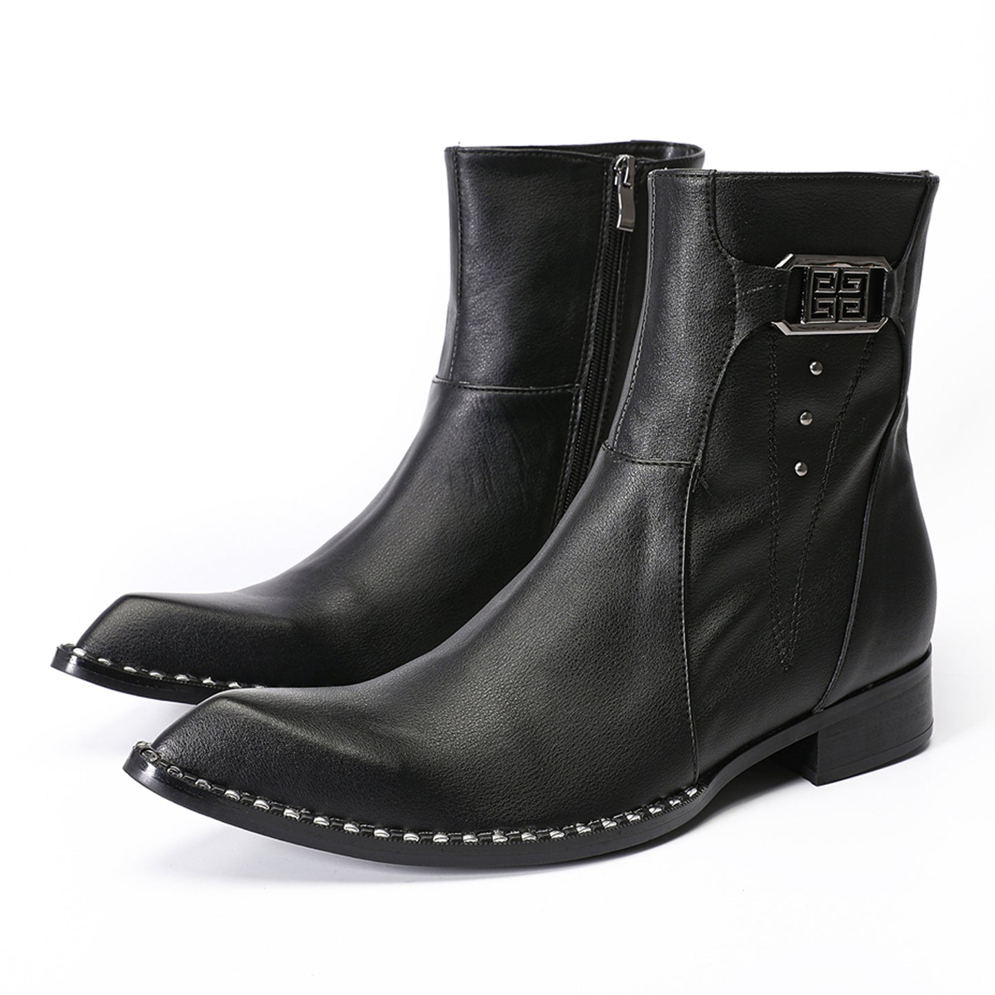 Mens Top-Grain Leather Side Zip Western Cowboy Ankle  Boots